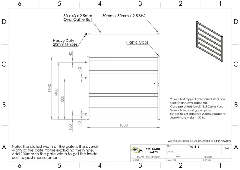 Cattle Yard Gate 1800mm 6 Rail