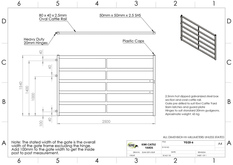 Cattle Yard Gate 2500mm 6 Rail