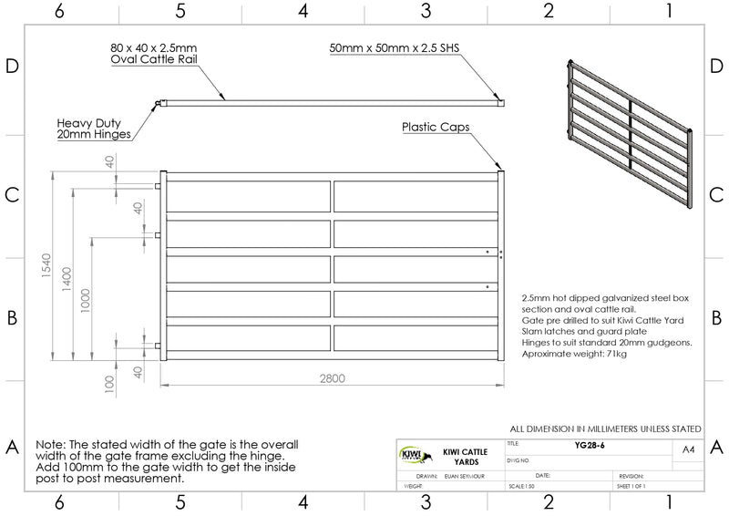 Cattle Yard Gate 2800mm 6 Rail
