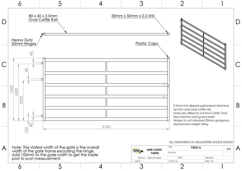 Cattle Yard Gate 3100mm 6 Rail