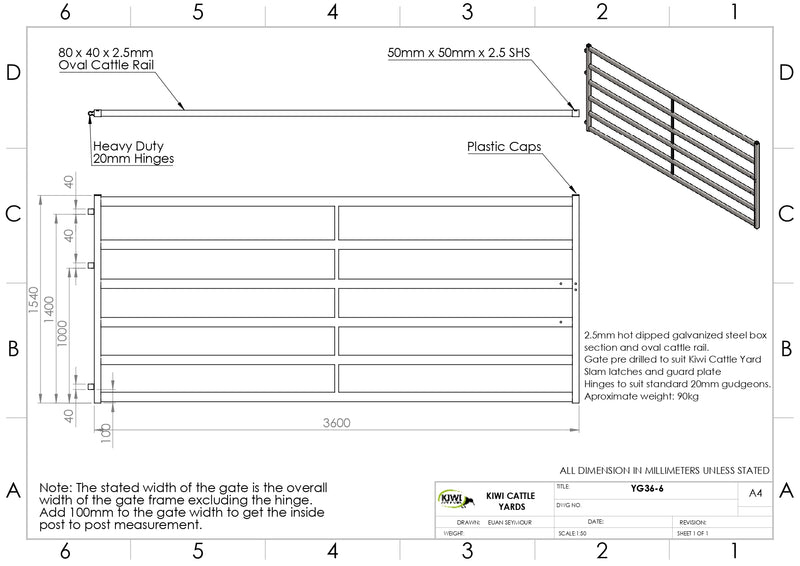 Cattle yard Gate 3600mm 6 Rail
